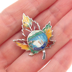 925 Sterling Silver Antique Art Deco Enamel Niagara Falls Maple Leaf Pin Brooch