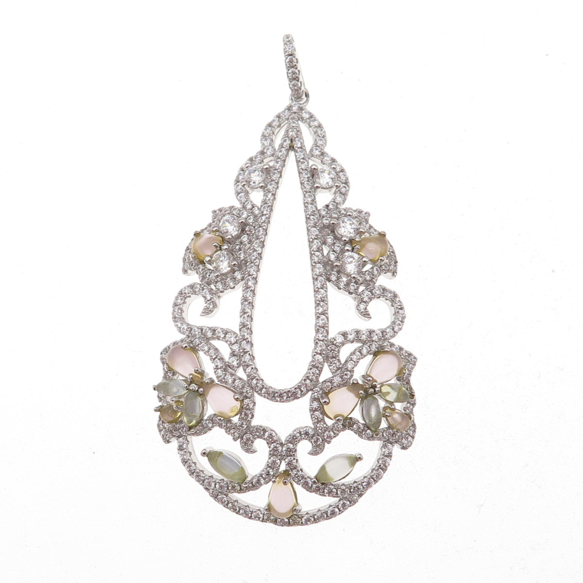 925 Sterling Silver Multi-Color C Z Ornate Teardrop Pendant