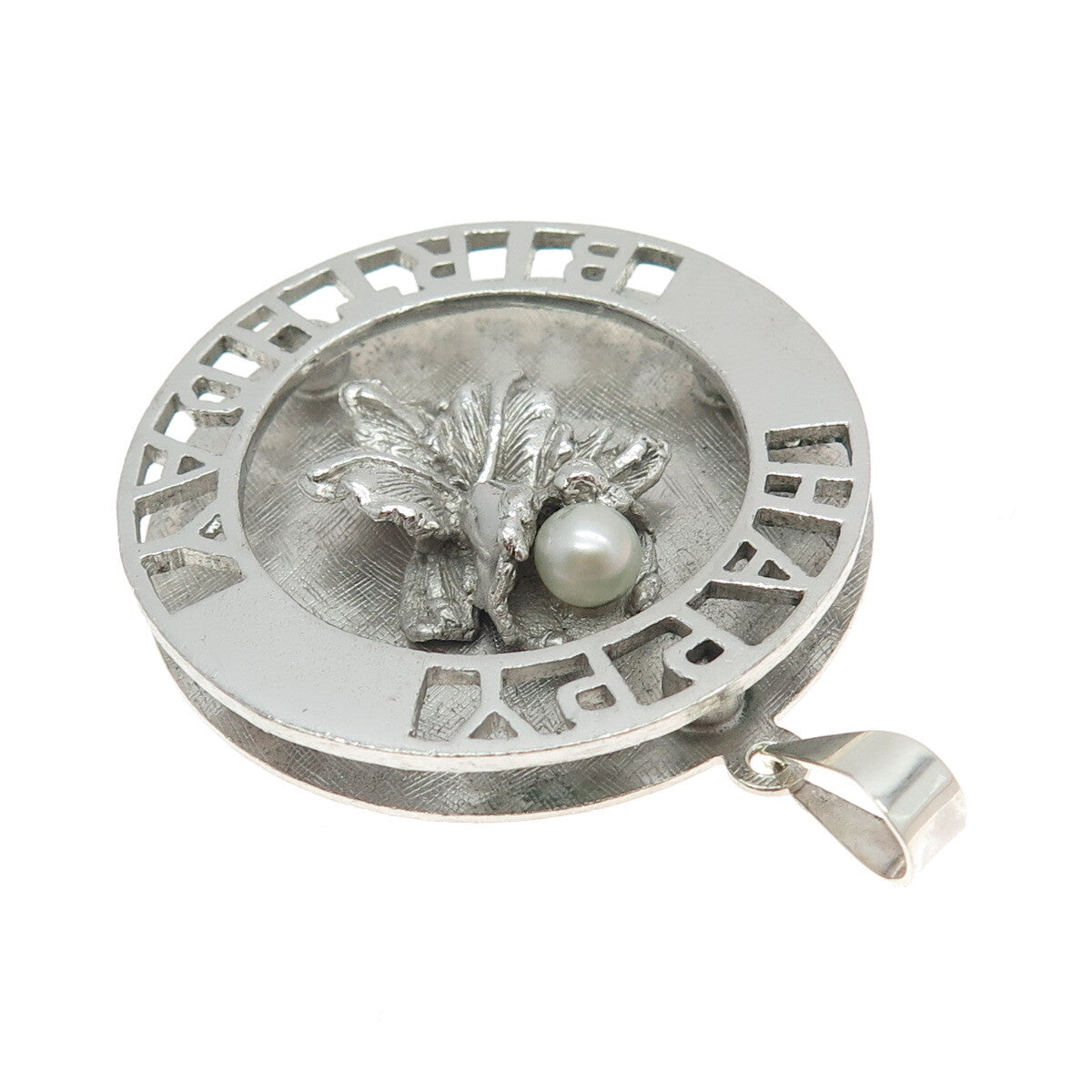 925 Sterling Silver Vintage Real Pearl "Happy Birthday" Floral Pendant