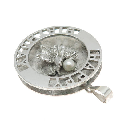 925 Sterling Silver Vintage Real Pearl "Happy Birthday" Floral Pendant