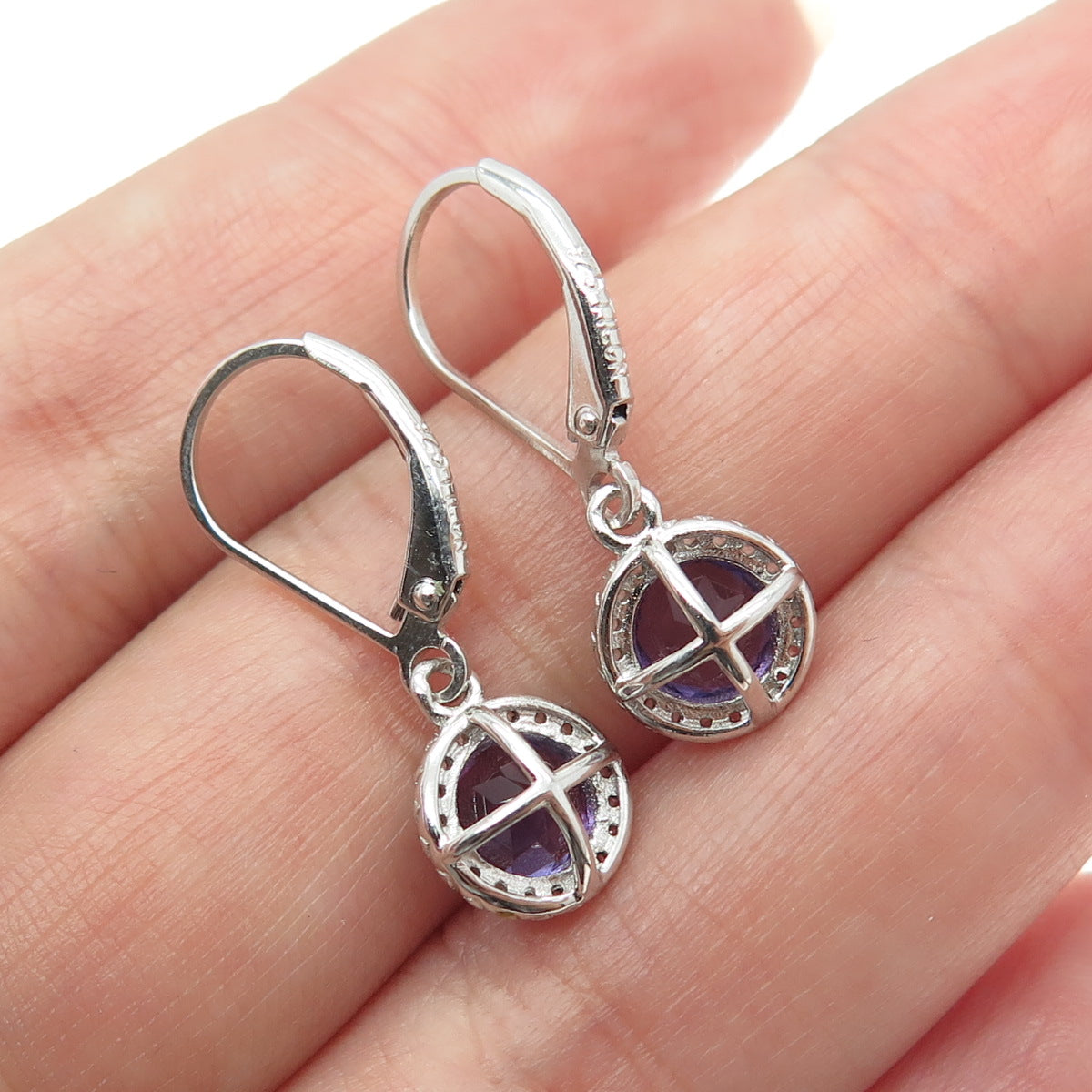 925 Sterling Silver Real Amethyst Gemstone & C Z Dangle Earrings