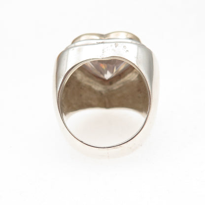 925 Sterling Silver 14K Gold Vintage C Z Modernist Heart Oxidized Ring Size 4.5