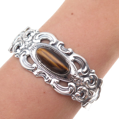 Towle 925 Sterling Silver Vintage Real Tiger Eye Floral Adjustable Bracelet 6.5"