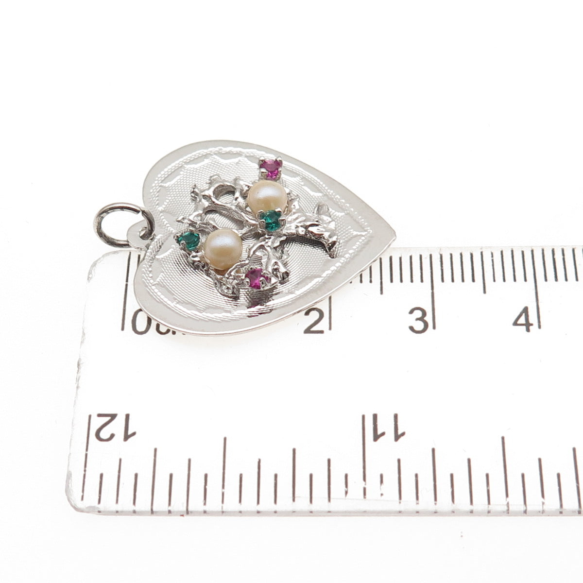 925 Sterling Silver Vintage Faux Pearl & Rhinestone Tree of Life Heart Pendant
