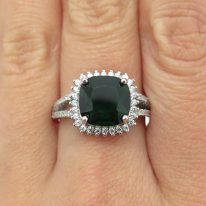 925 Sterling Silver Real Cushion-Cut Chrome Diopside & C Z Ring Size 9.25