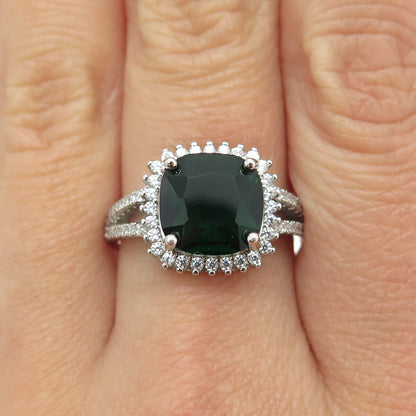 925 Sterling Silver Real Cushion-Cut Chrome Diopside & C Z Ring Size 9.25