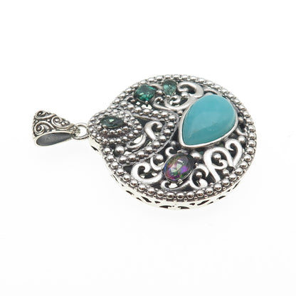 BERIA Sterling Silver Vintage Real Amazonite Mystic Quartz & Tourmaline Pendant