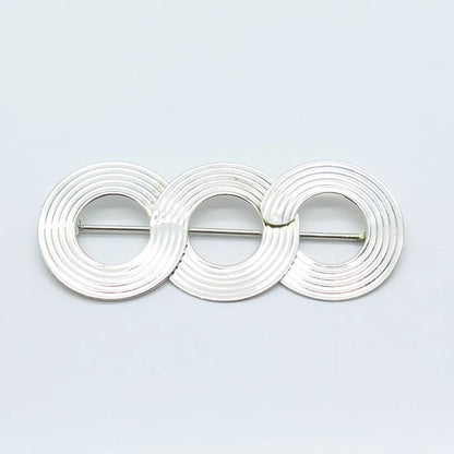 925 Sterling Silver Vintage Striped Triple Open Circle Pin Brooch