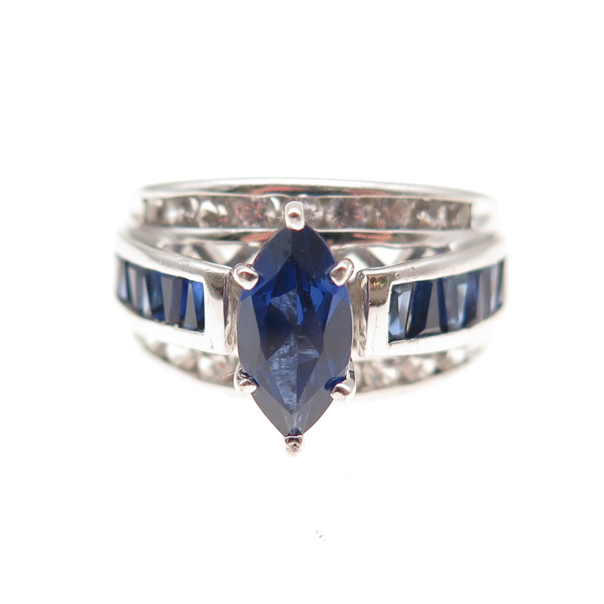 925 Sterling Silver Vintage Lab-Created Sapphire & Real White Topaz Ring Size 7