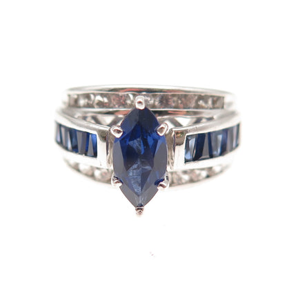 925 Sterling Silver Vintage Lab-Created Sapphire & Real White Topaz Ring Size 7