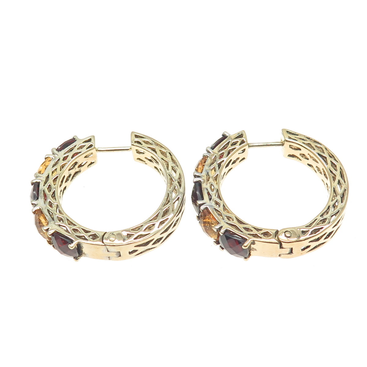 925 Sterling Silver Gold Plated Red Garnet & Citrine Gemstone Huggie Earrings