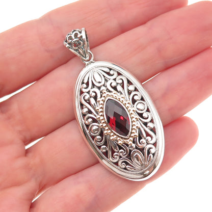 Art's Elegance Sterling Silver 14K Gold Vintage Real Red Garnet Floral Pendant