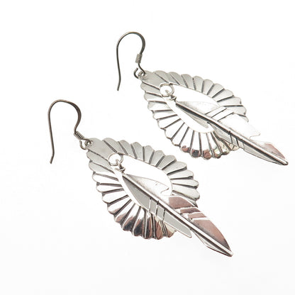 Old Pawn 925 Sterling Silver Vintage Southwestern Feather Tribal Dangle Earrings