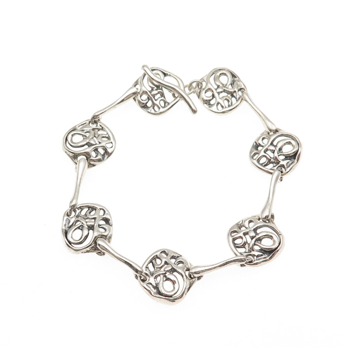 Hagit Gorali Sterling Silver Vintage Modernist Swirl Link Oxidized Bracelet 7"