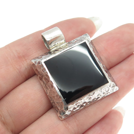 925 Sterling Silver Vintage ATI Mexico Real Black Onyx Hammered Pendant
