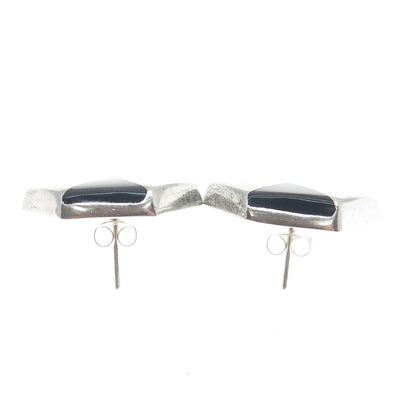 925 Sterling Silver Vintage Mexico Real Black Onyx Geometric Earrings