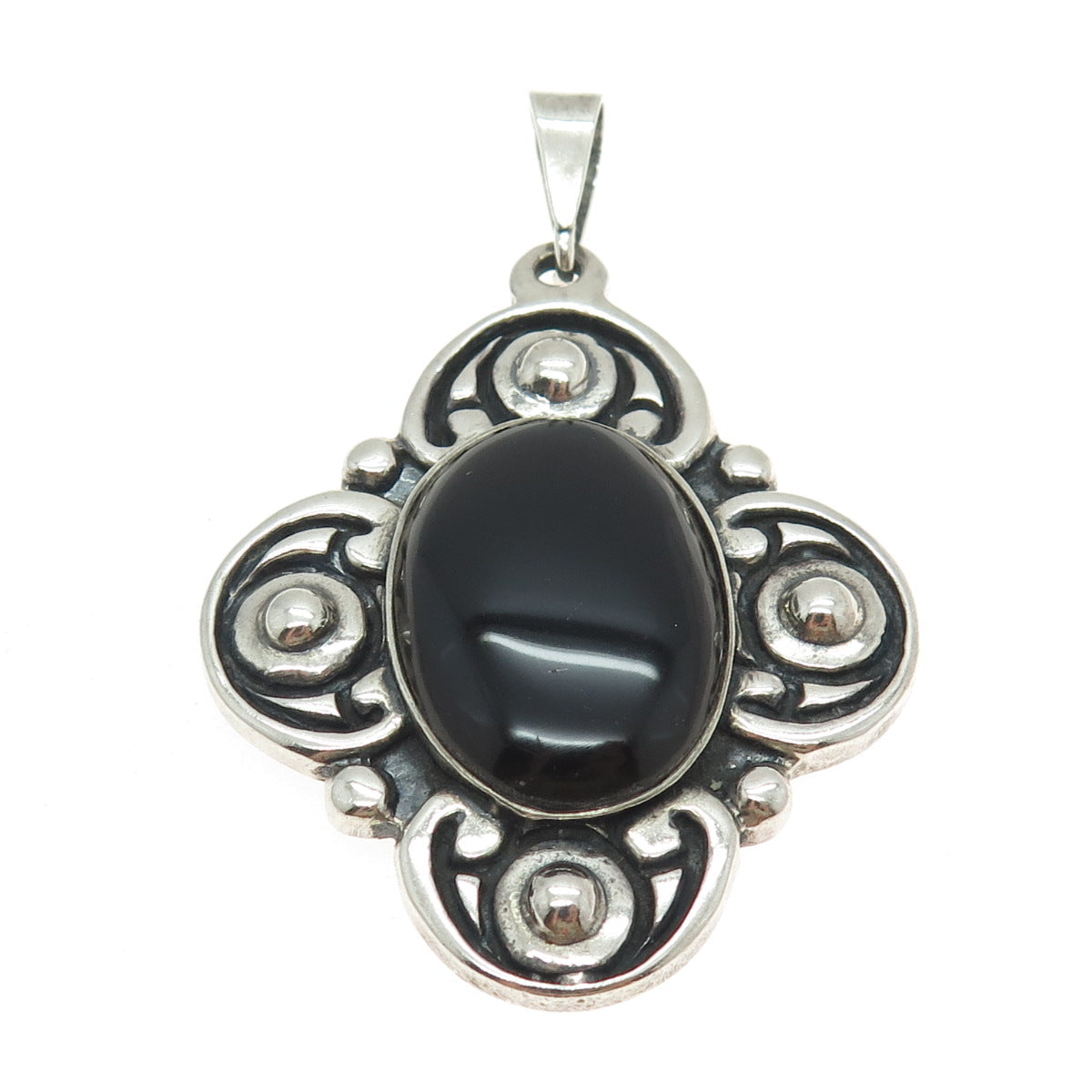 925 Sterling Silver Vintage Mexico Real Black Onyx Floral Cross Pendant