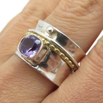 925 Sterling Silver 2-Tone Vintage Amethyst Gem Hammered Finish Ring Size 9.75