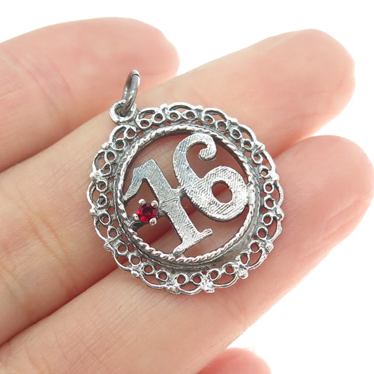 925 Sterling Silver Vintage Red Glass Sweet 16 Ornate Pendant