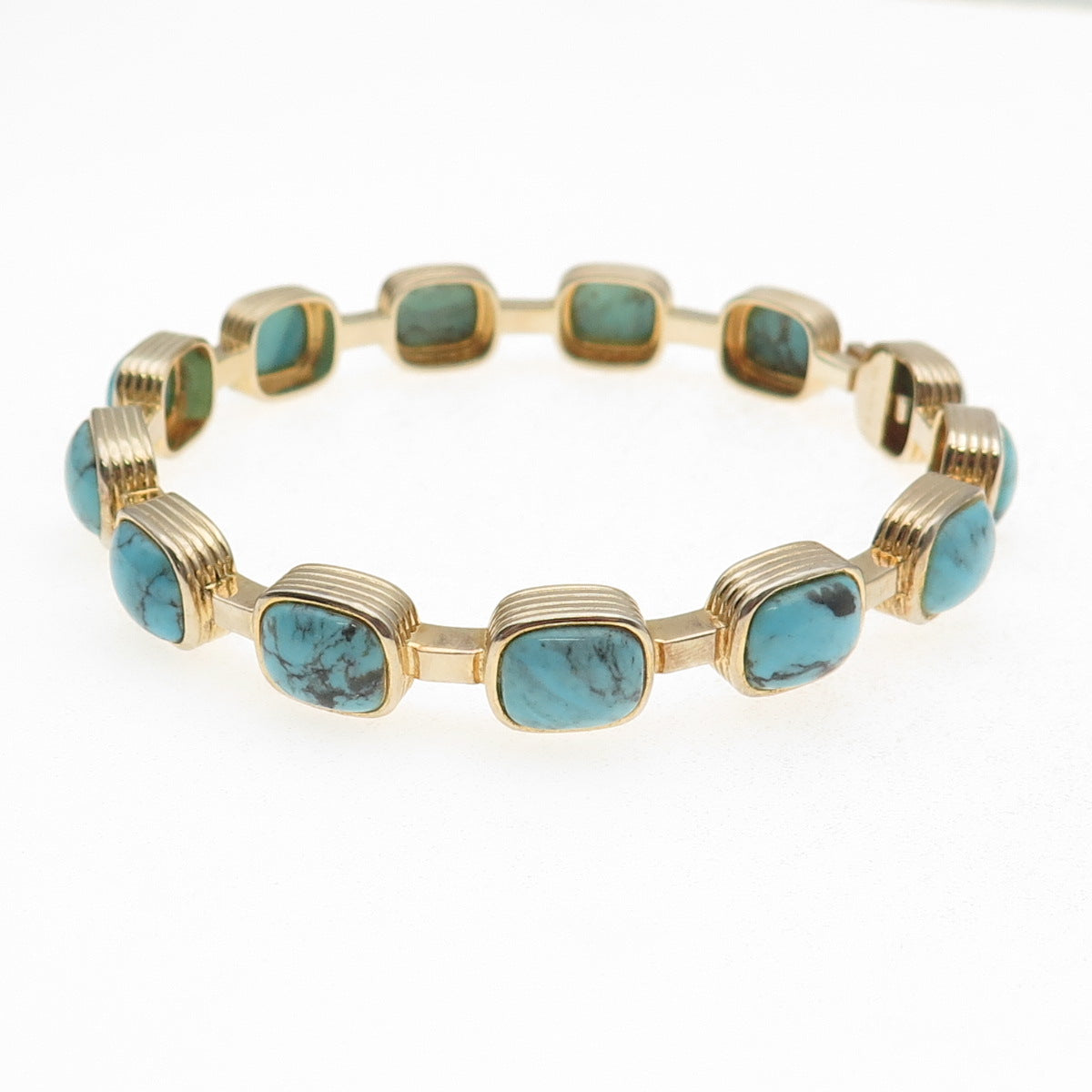 925 Sterling Silver Gold Plated Real Tyrone Turquoise Station Bangle Bracelet 8"