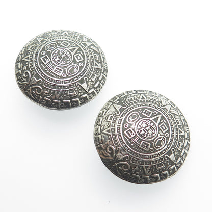 925 Sterling Silver Vintage Mexico Mayan Calendar Oxidized Clip On Earrings