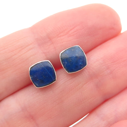 925 Sterling Silver Vintage Real Cushion-Cut Lapis Stud Earrings