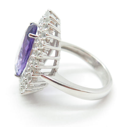 DSMK 925 Sterling Silver Oval-Cut Amethyst Round-Cut White Topaz Ring Size 7.25