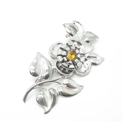 925 Sterling Silver Antique Art Deco Yellow Rhinestone Floral Pin Brooch