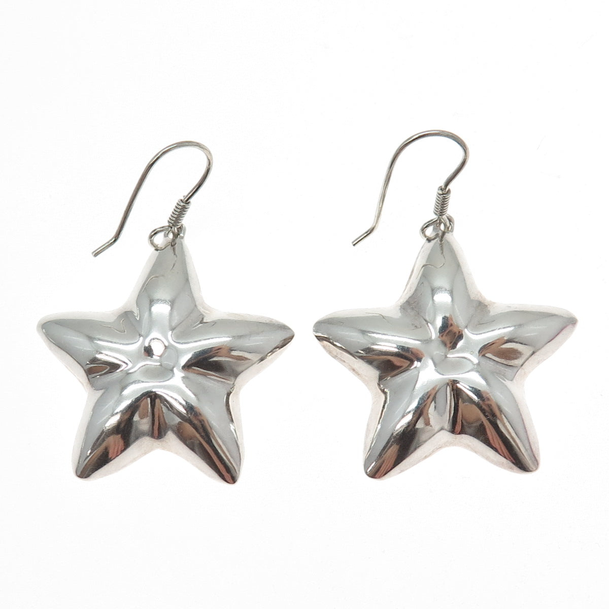 925 Sterling Silver Vintage Mexico Modernist Puffy Star Dangle Earrings