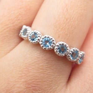 DSMK 925 Sterling Silver Real Round-Cut Blue Topaz Ring Size 7.25