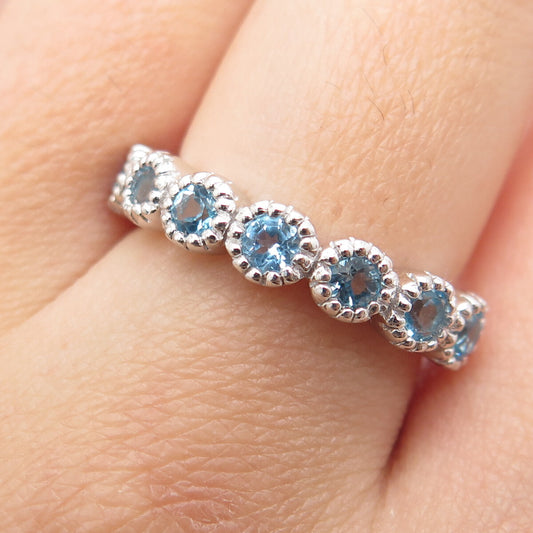 DSMK 925 Sterling Silver Real Round-Cut Blue Topaz Ring Size 7.25