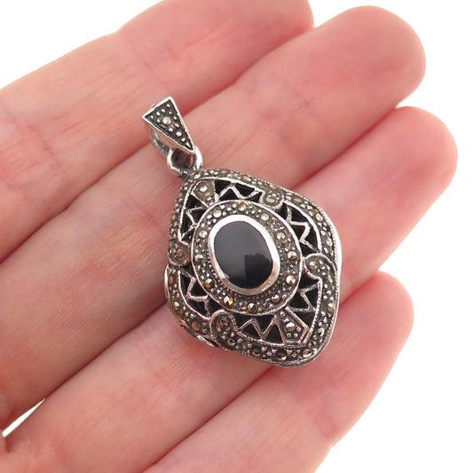 Charles Winston 925 Sterling Vintage Real Black Onyx & Marcasite Locket Pendant