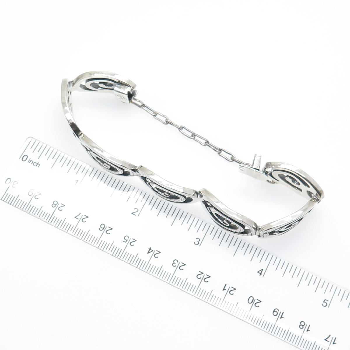 925 Sterling Silver Vintage Mexico Aztec Spiral Panel Link Bracelet 6.75"