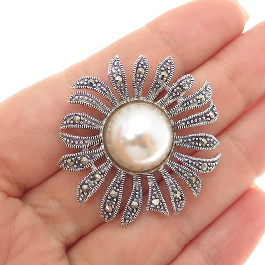925 Sterling Silver Vintage Faux Pearl & Real Marcasite Flower Pin Brooch