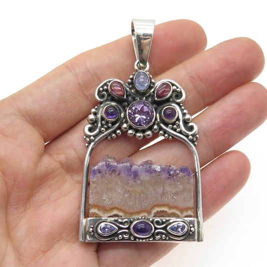 SAJEN 925 Sterling Silver Vintage Amethyst Tanzanite Tourmaline Amulet Pendant