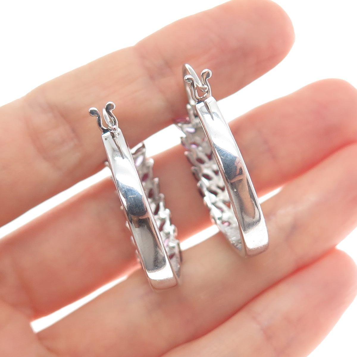 925 Sterling Silver Real Marquise-Cut Amethyst Laurel Hoop Earrings