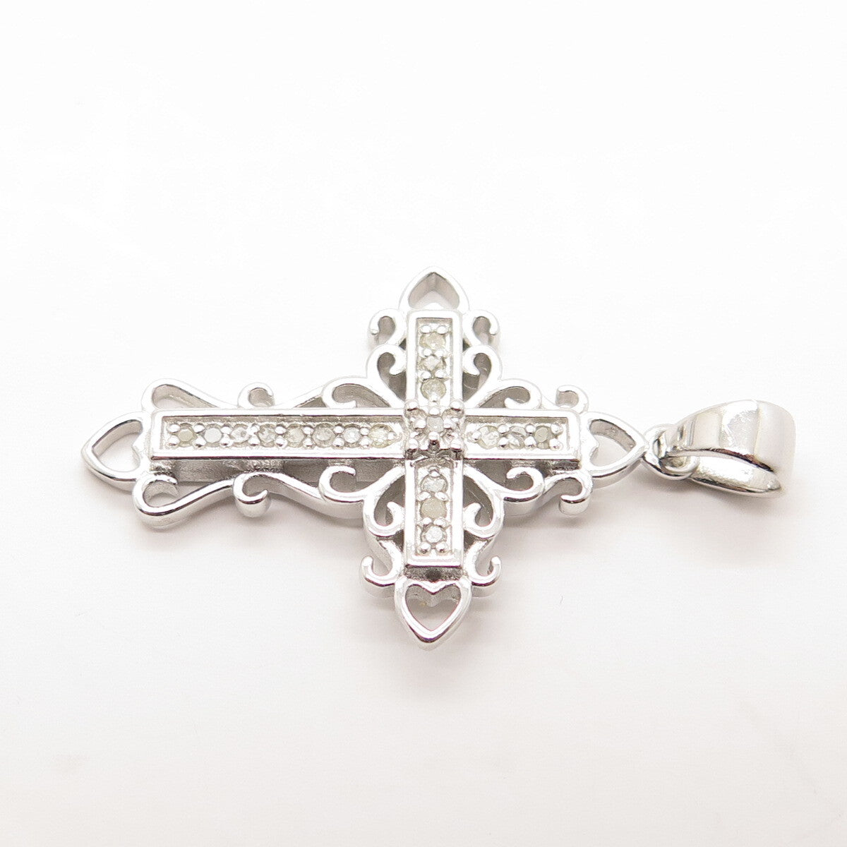 HAN 925 Sterling Silver Real Round-Cut White Diamond Cross Pendant