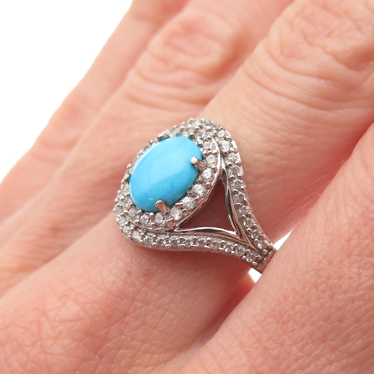 Chuck Clemency 925 Sterling Silver Real Turquoise & White Topaz Ring Size 8