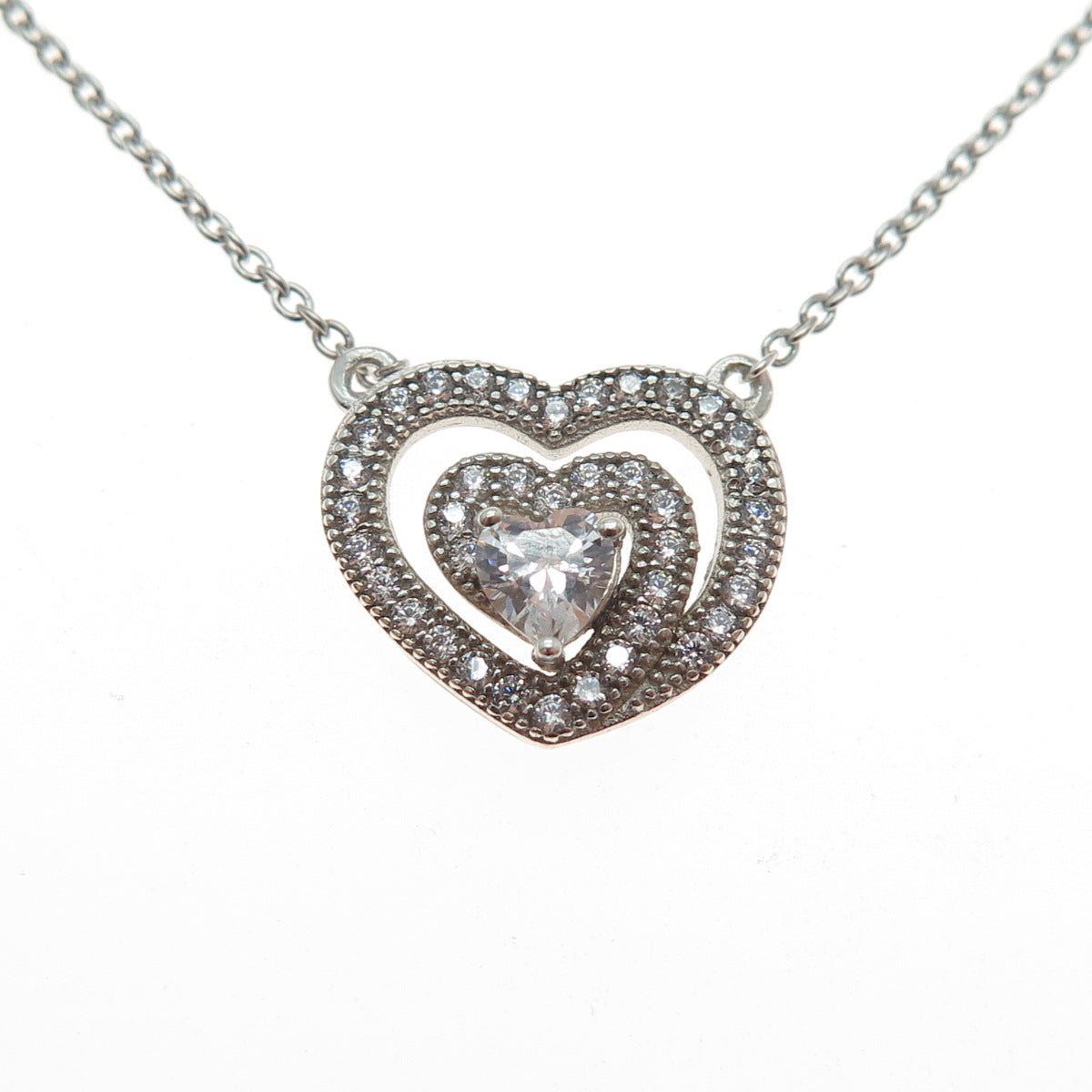 925 Sterling Silver Heart & Round-Cut C Z Cable Chain Necklace 18"