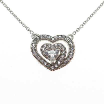 925 Sterling Silver Heart & Round-Cut C Z Cable Chain Necklace 18"
