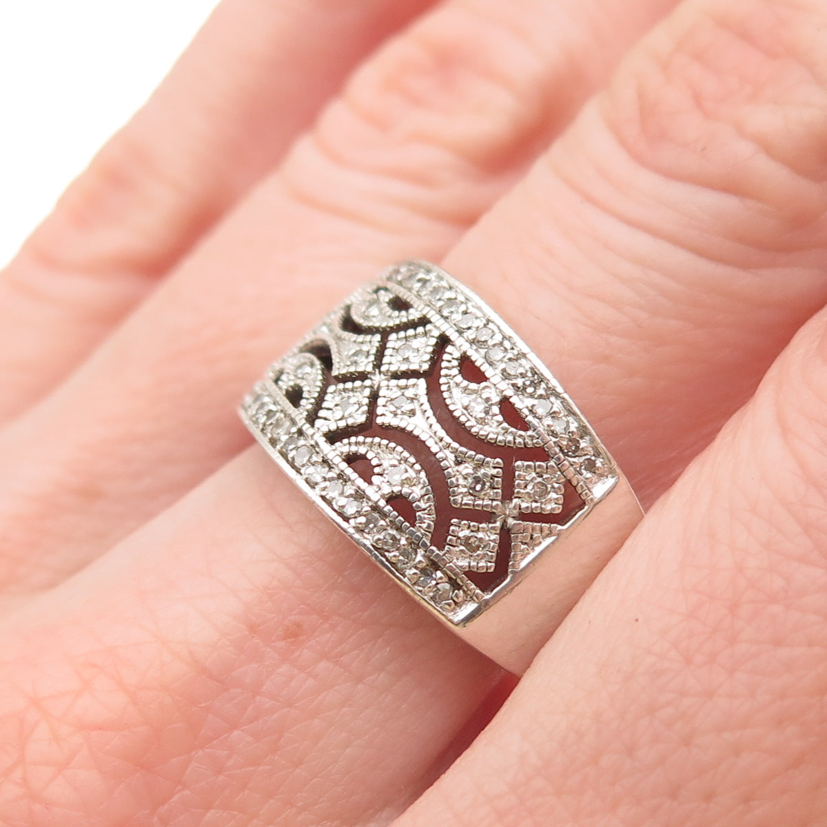 925 Sterling Silver Real Round-Cut Diamond Ornate Ring Size 8