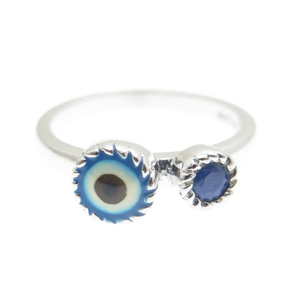 925 Sterling Silver Real Sapphire Gem & Colorful Enamel Evil Eye Ring Size 7.25