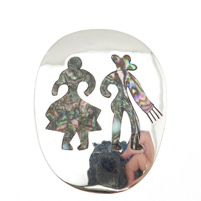 925 Sterling Silver Vintage Mexico Real Abalone Shell Couple Pin Brooch Pendant