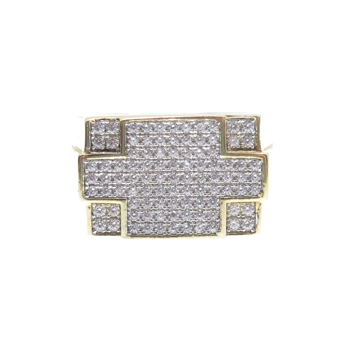 925 Sterling Gold Plated Round-Cut Shaped C Z Cross Signet Wide Ring Size 10.25