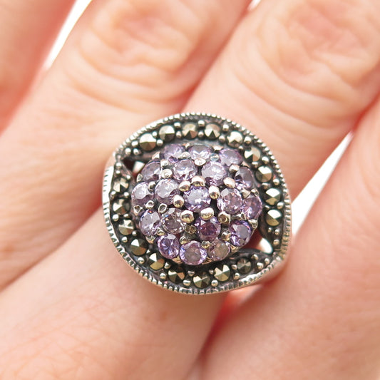 925 Sterling Silver Vintage Purple C Z Real Marcasite Oxidized Ring Size 7.75