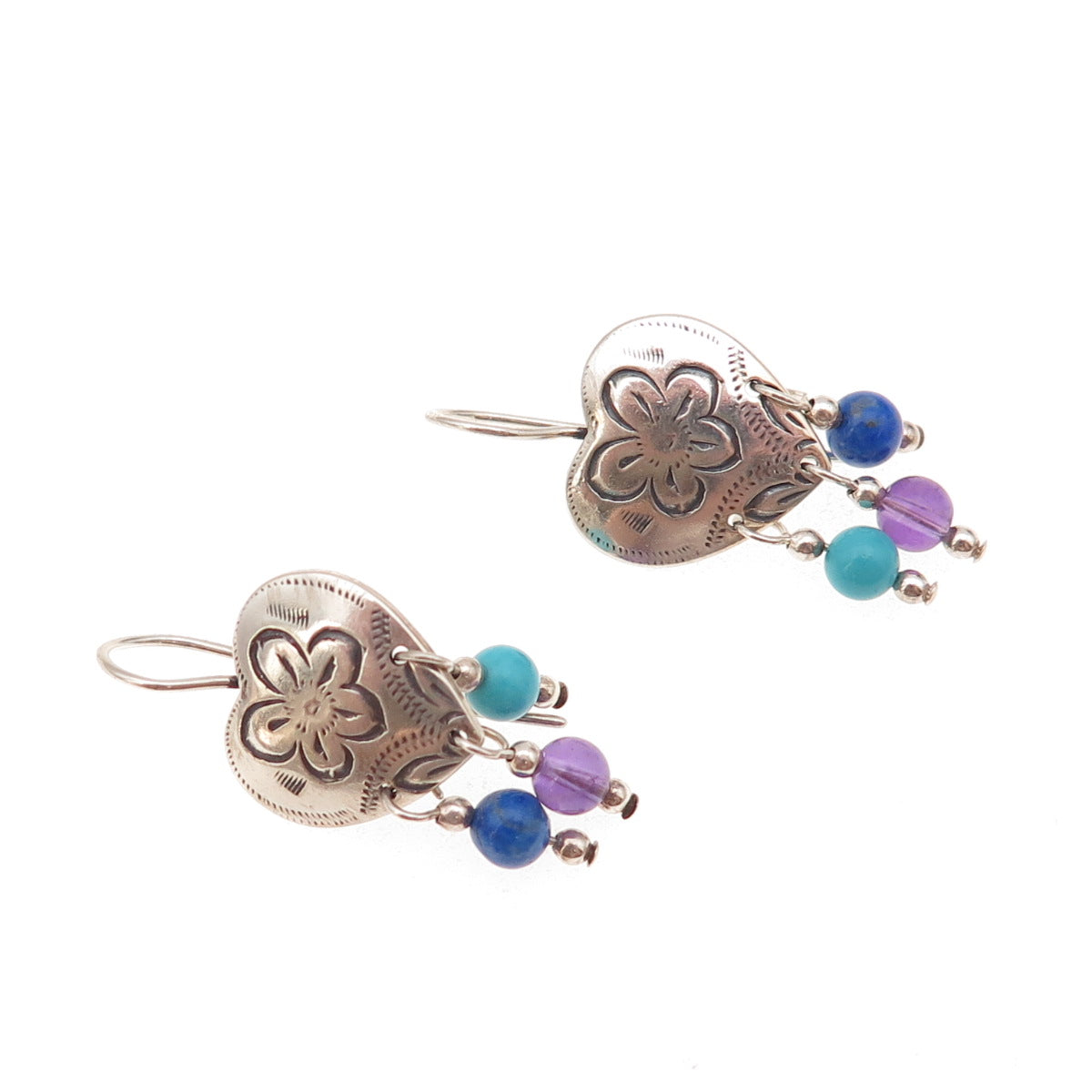 Carolyn Pollack Sterling Silver Vintage Turquoise Lapis Amethyst Heart Earrings