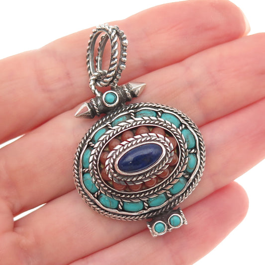 925 Sterling Silver Vintage Real Turquoise Coral Lapis Tibetan Oxidized Pendant