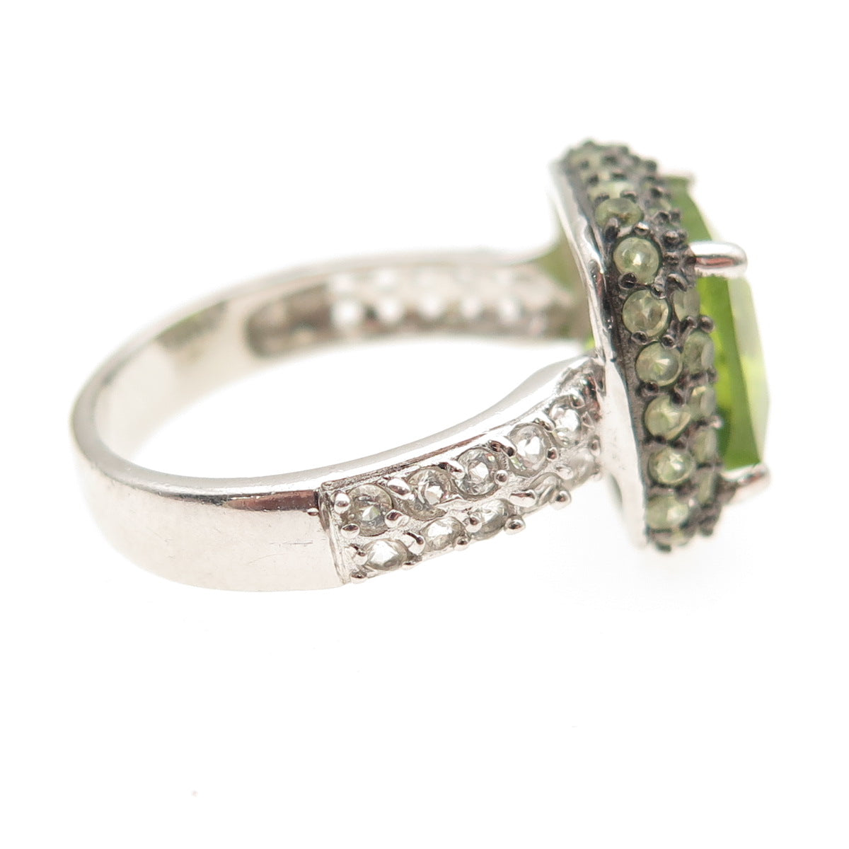 925 Sterling Silver Real Cushion & Round-Cut Peridot White Topaz Ring Size 7.25