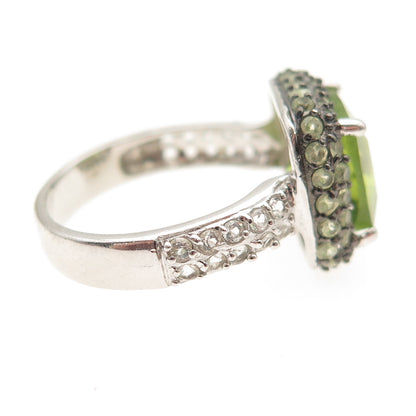 925 Sterling Silver Real Cushion & Round-Cut Peridot White Topaz Ring Size 7.25