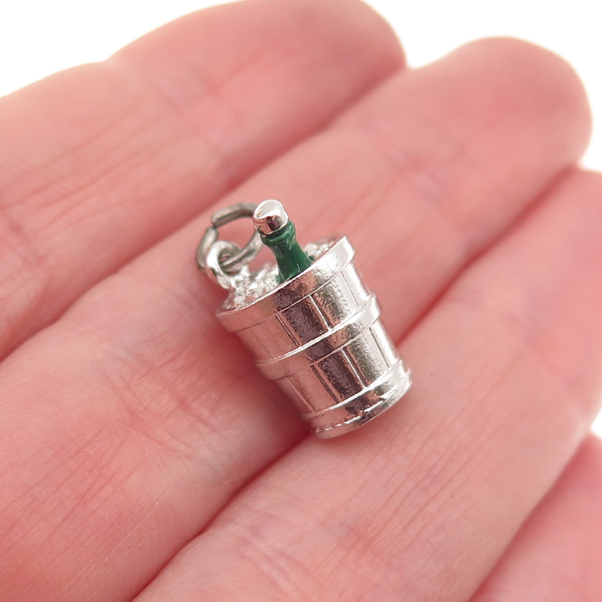 WELLS 925 Sterling Silver Vintage Enamel Champagne Bucket 3D Mini Charm Pendant